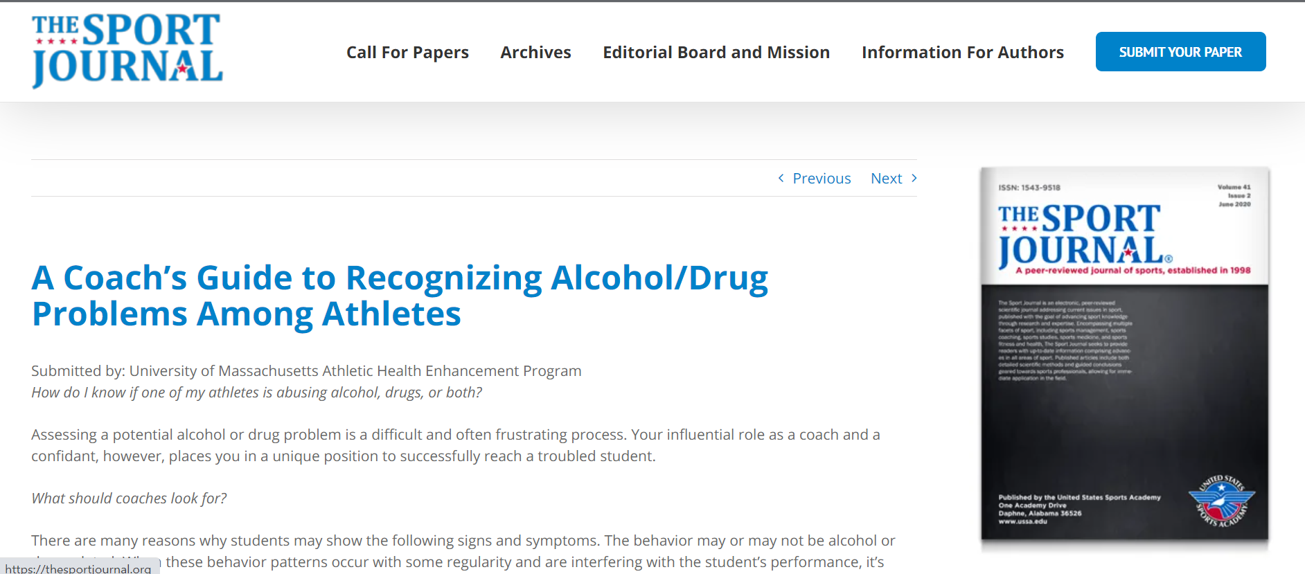 A Coach’s Guide to Recognizing Alcohol/Drug Problems Among Athletes