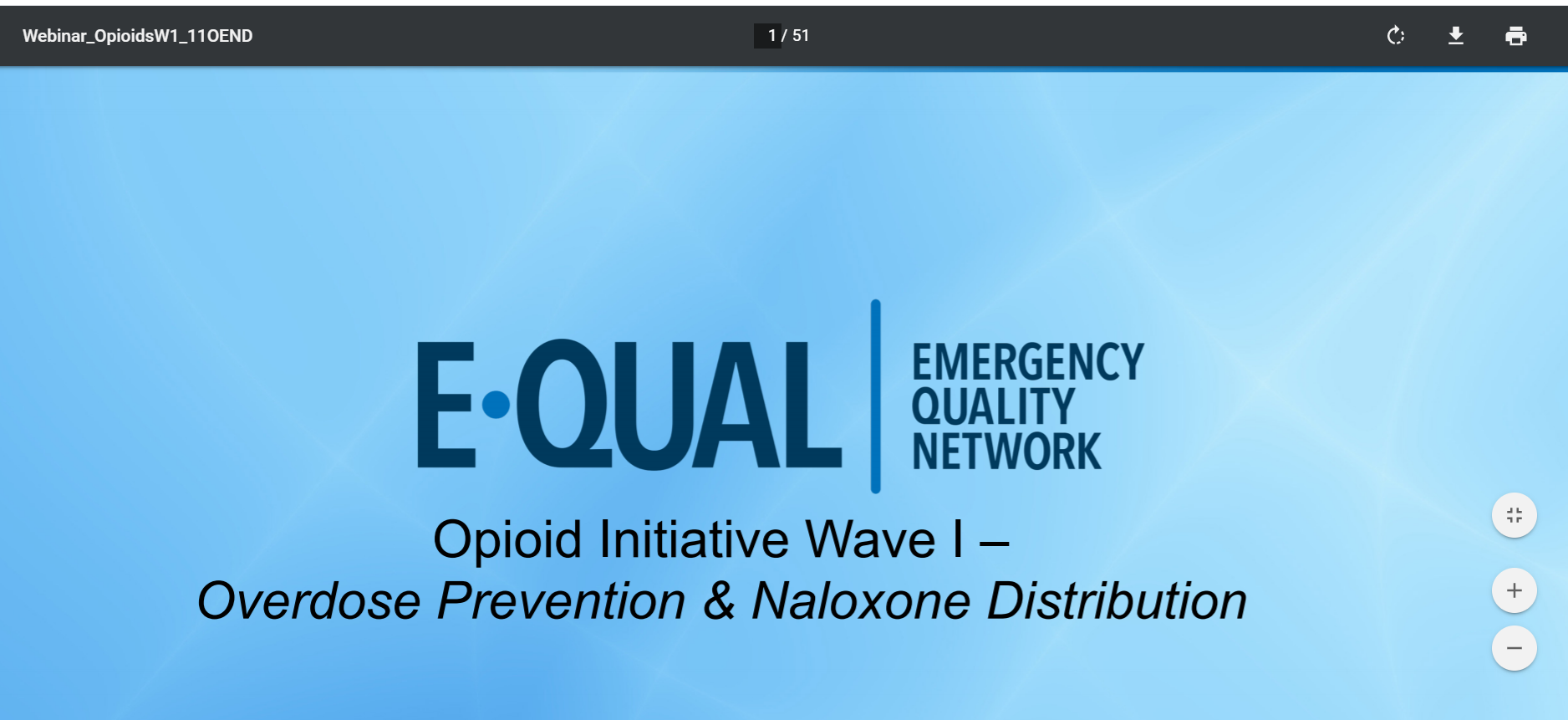 Webinar: ACEP: E*QUAL: Emergency Quality Network. Opioid Initiative Wave I – Overdose Prevention & Naloxone Distribution