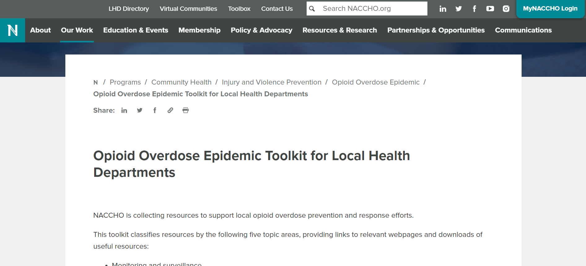 National Association of County and City Health Officials (NACCHO): Opioid Overdose Epidemic Toolkit for Local Health Departments