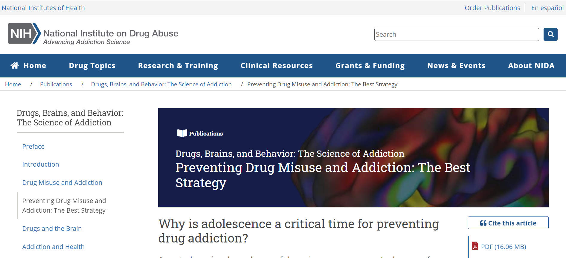 NIH: Drugs, Brains, and Behavior: The Science of Addiction – Preventing Drug Misuse and Addiction: The Best Strategy