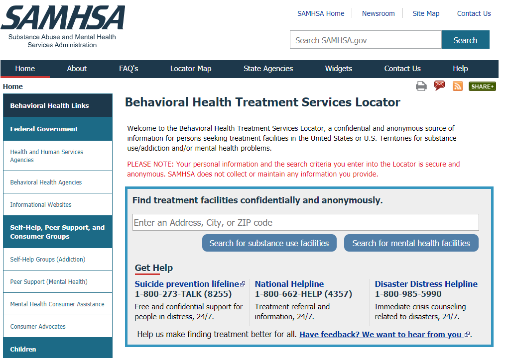 SAMHSA: Behavioral Health Treatment Services Locator