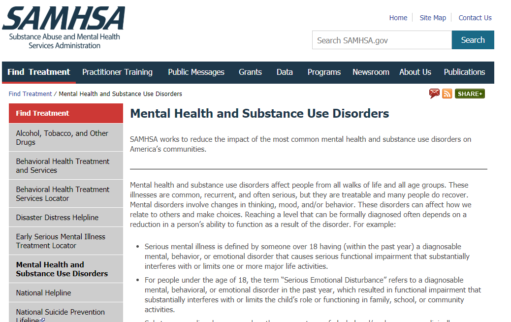 SAMHSA: Mental Health and Substance Use Disorders