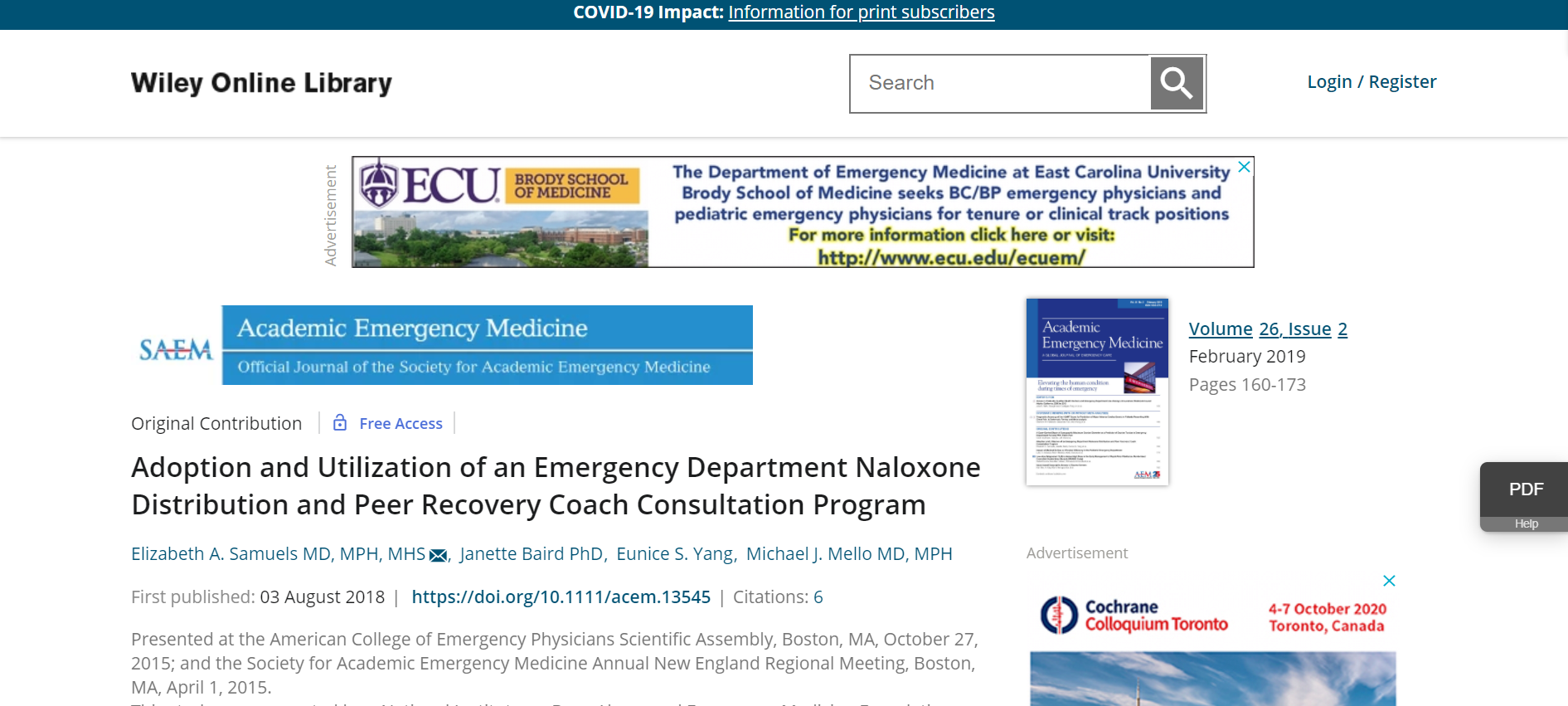Adoption and Utilization of an Emergency Department Naloxone Distribution and Peer Recovery Coach Consultation Program.