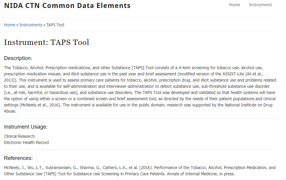 NIDA: Tobacco, Alcohol, Prescription medications, and other Substance (TAPS) Tool