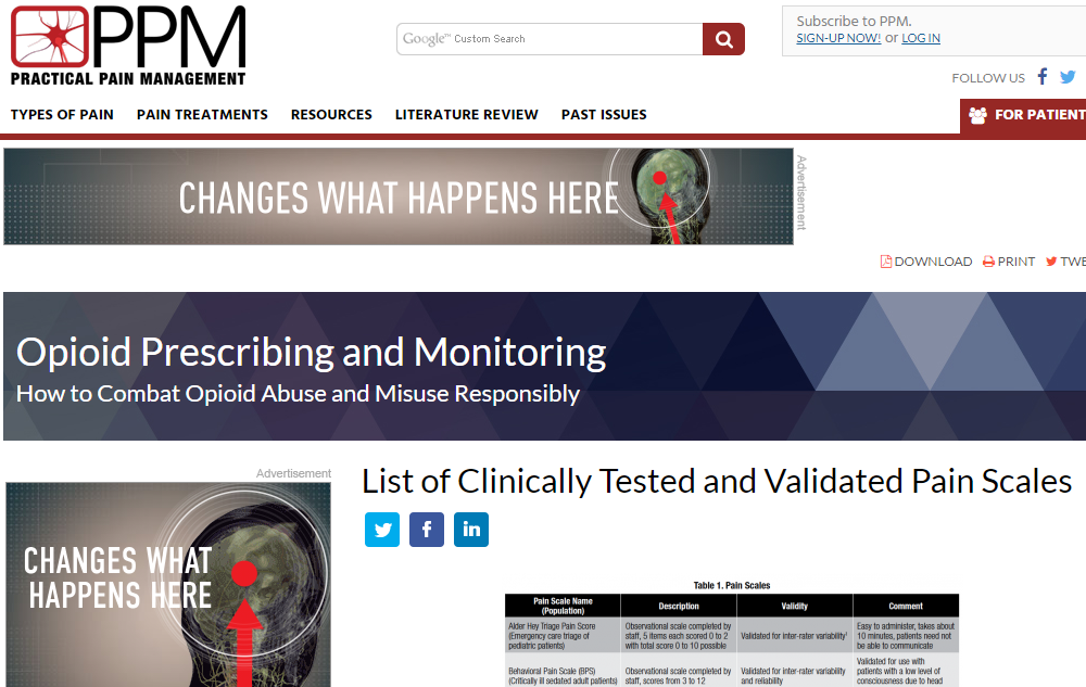 List of Clinically Tested and Validated Pain Scales