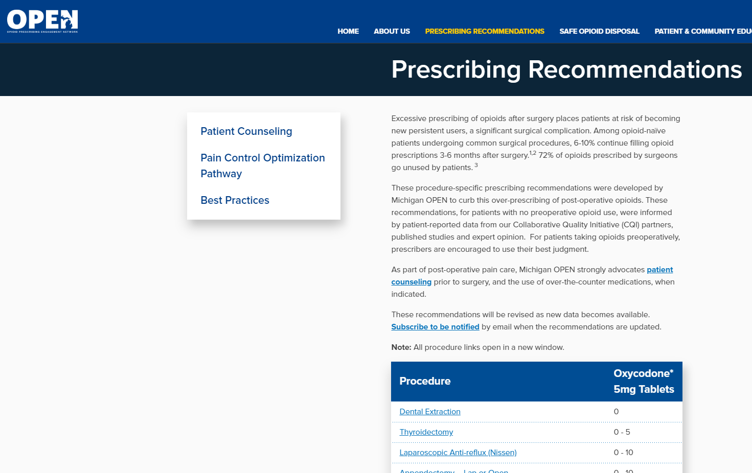 Michigan OPEN: Opioid Prescribing Recommendations for Surgery