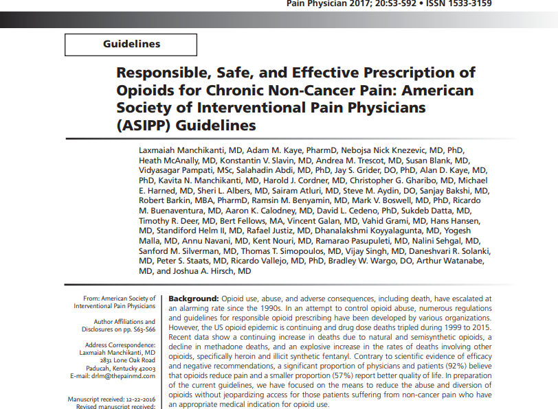 Responsible, Safe, and Effective Prescription of Opioids for Chronic Non-Cancer Pain: American Society of Interventional Pain Physicians (ASIPP) Guidelines