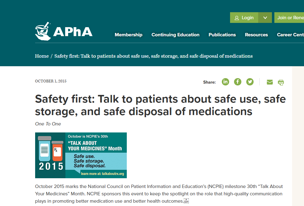 APhA: Safety first: Talk to patients about safe use, safe storage, and safe disposal of medications