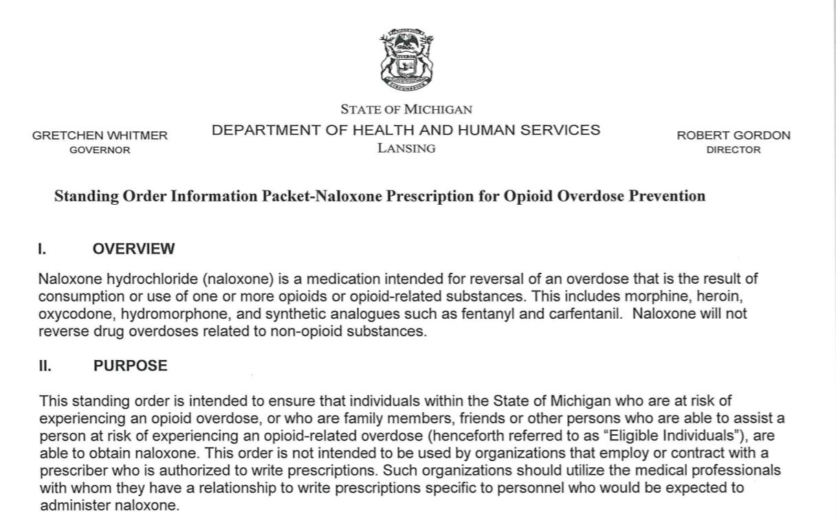 Michigan Standing Order Information Packet-Naloxone Prescription for Opioid