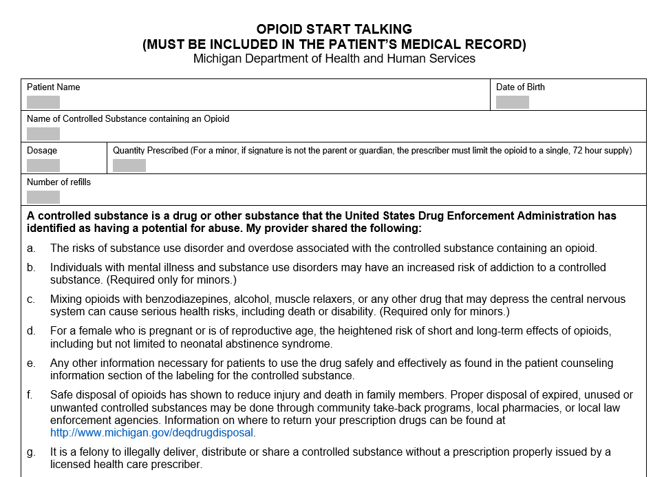 Opioid Start Talking Form (MUST BE INCLUDED IN A PATIENT’S MEDICAL RECORD)