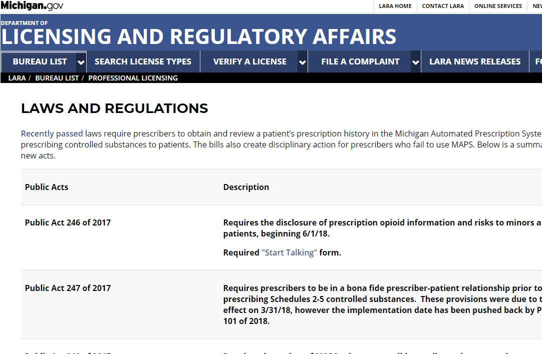 LARA: Summary of Michigan Laws & Regulations