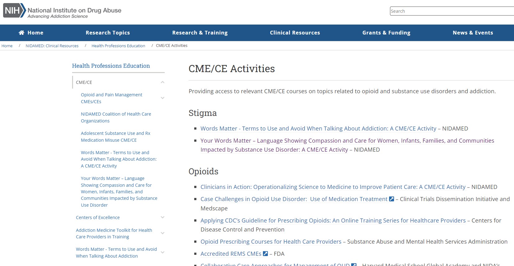 National Institute on Drug Abuse (NIDA) CE/CME Activities