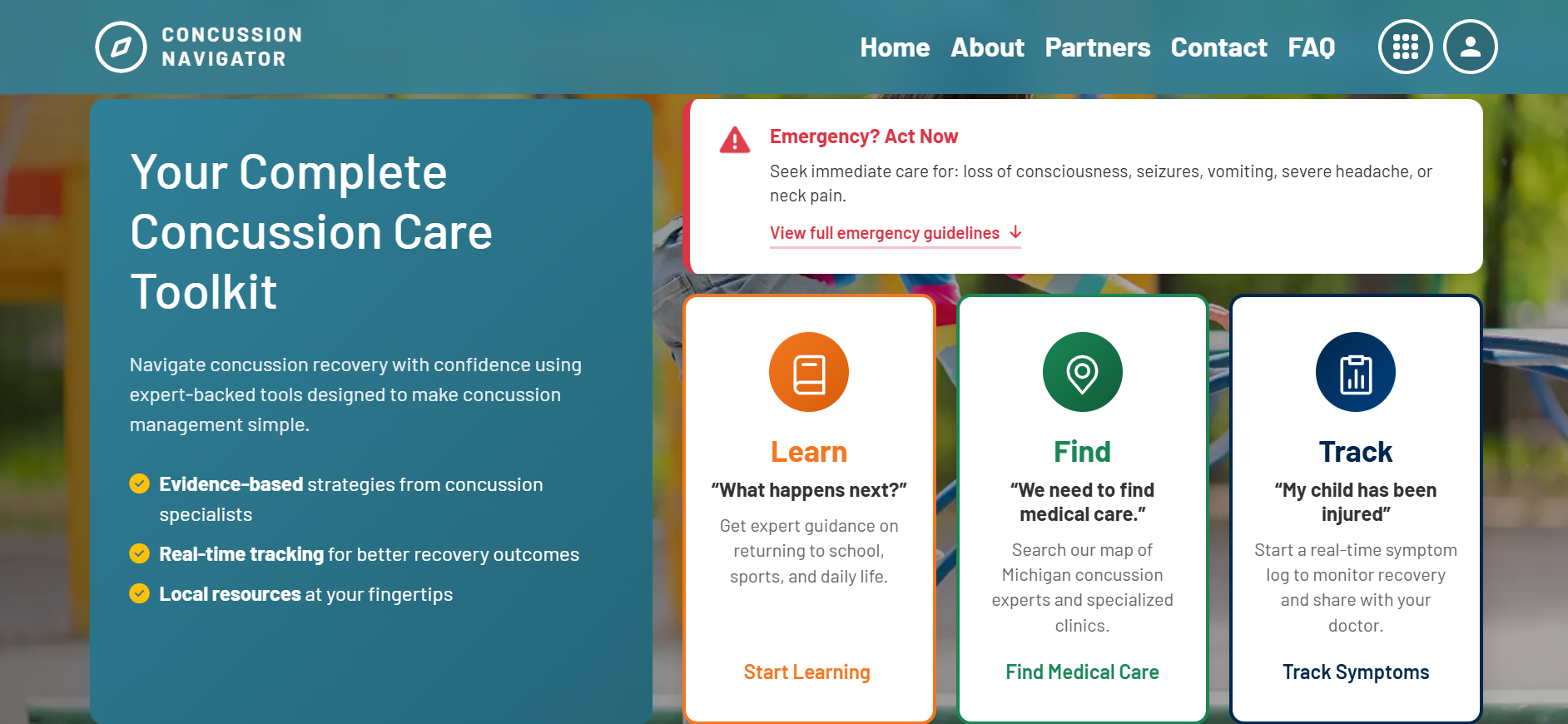 screenshot of concussion navigator website
