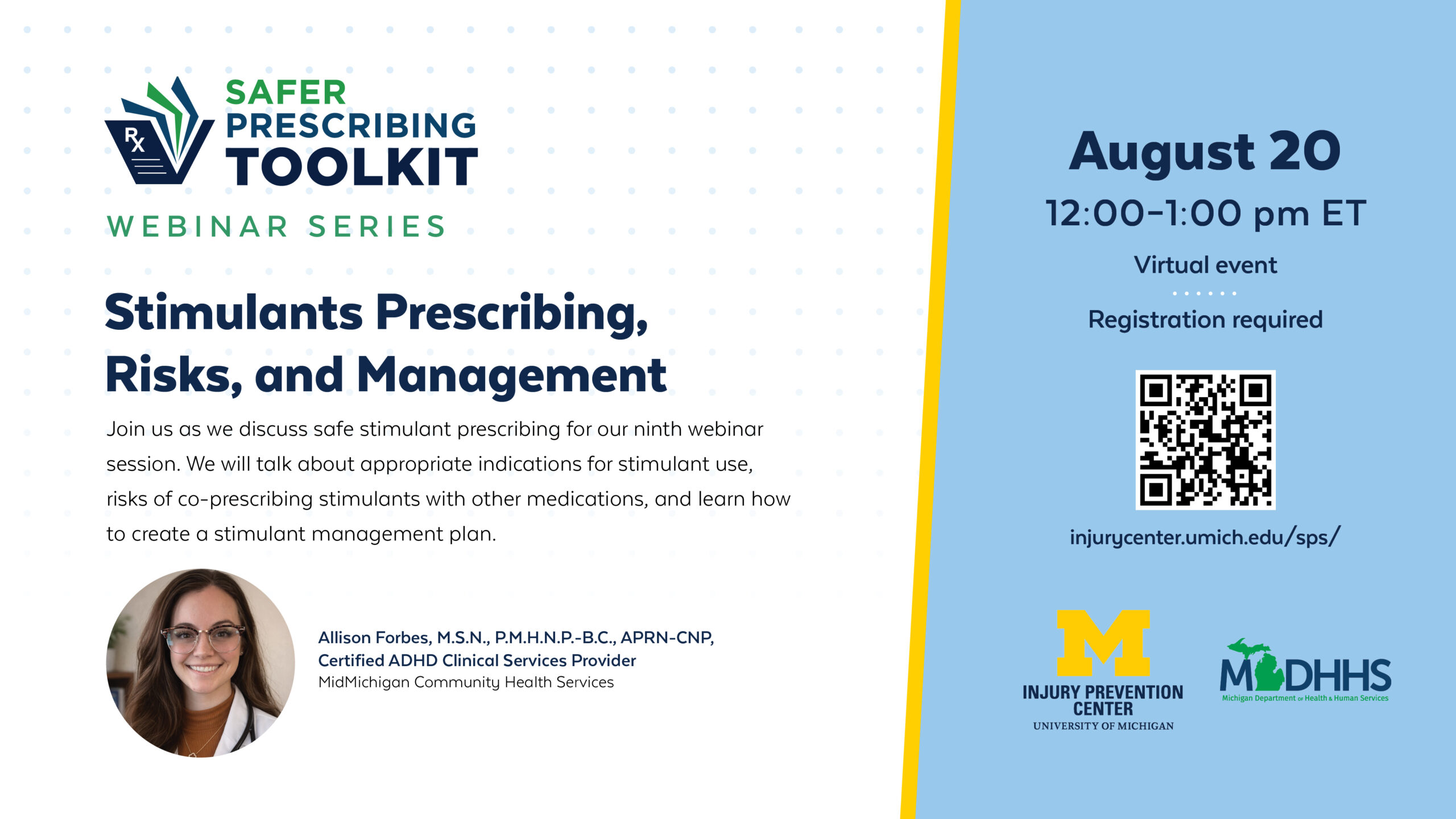 Join us as we discuss safe stimulant prescribing for our ninth webinar session. We will talk about appropriate indications for stimulant use, risks of co-prescribing stimulants with other medications, and learn how to create a stimulant management plan.